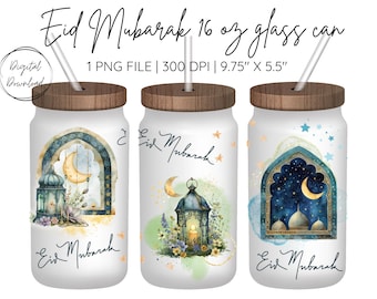 Eid Mubarak Glass Can Wrap Design | 16 oz Glass Can Wrap Digital Download PNG |  Islamic Clipart | Commercial Licence