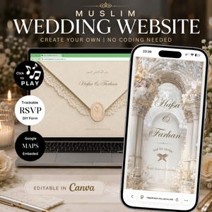 May include: A digital Muslim wedding website template displayed on a laptop and smartphone screen. The design features cream-colored backgrounds, elegant calligraphy, and floral archways. Text includes "Muslim Wedding Website," "Hafsa & Farhan," and "Editable in Canva."