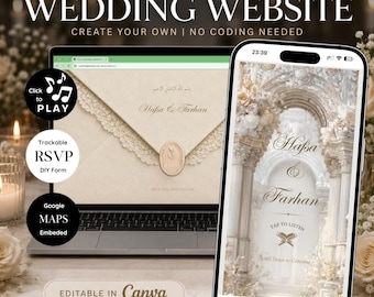 May include: A digital Muslim wedding website template displayed on a laptop and smartphone screen. The design features cream-coloured backgrounds, elegant calligraphy, and floral archways. Text includes "Muslim Wedding Website," "Hafsa & Farhan," and "Editable in Canva."