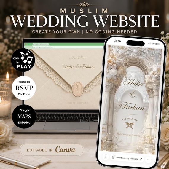 Ivory Muslim Wedding Website Template, Editable Canva RSVP, Nikkah Digital Invite