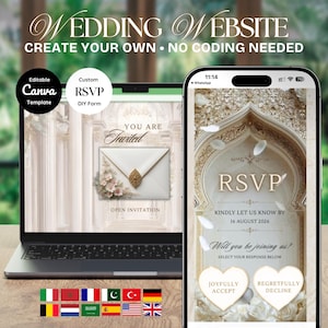 May include: A laptop and smartphone displaying a wedding website template. The screen shows an invitation with an envelope graphic and an RSVP page featuring an archway, floral accents, and buttons labeled Joyfully Accept and Regretfully Decline.