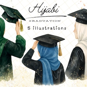 Hijabi Graduation 5 Aquarell Illustrationen | Islamische Clipart | Abgesetzter Hijabi | Islamisches PNG | Muslimisches Mädchen graduiert | Kommerzielle Lizenz