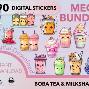 Bubble Tea PNG, MEGA BUNDLE, milkshake png, kawaii sticker, sticker png, printable sticker, boba tea clipart, stickers png, sticker download
