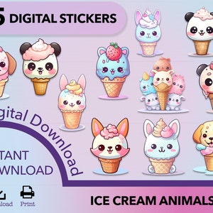 Gelato Animale PNG, adesivi kawaii, pacchetto di clip art, clipart di gelato, design di adesivi, adesivi png, download di adesivi, uso commerciale