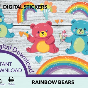 Bear Rainbow PNG cute stickers, sticker png bundle, printable stickers, teddy bear clipart, stickers png, sticker downloads, sticker cricut
