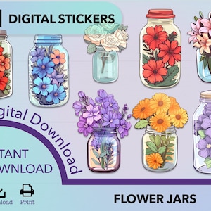 Flower Sticker PNG, flower jar sticker png, flower in mason jar, sticker png bundle, printable sticker, mason jar clipart, flower clipart