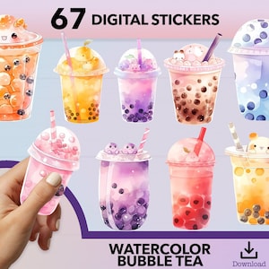 Bubble Tea PNG, kawaii sticker, sticker png bundle, watercolor sticker, boba tea clipart, sticker png, sticker download, pearl tea png