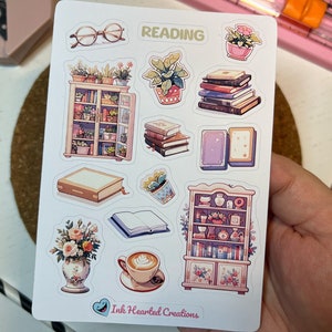 Folha de adesivos de leitura, adesivos de livros pastel, folhas de adesivos aconchegantes, adesivos de diário de bala de livros, adesivos de plantas kawaii, adesivos de amante de livros