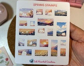 Kawaii Cat & Nature Sticker Sheet: Spring Stamps for Journaling