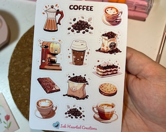 Foglio di adesivi per il caffè, adesivo per l'amante del caffè, foglio di adesivi per chicchi di caffè, adesivi per bullet journal, foglio di adesivi per macchina da caffè Kawaii