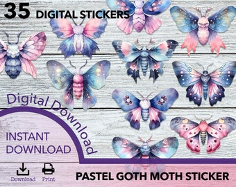 Moth PNG, Pastel Goth, sticker png bundle, printable sticker, pastel goth clipart, watercolor sticker png, sticker download, commercial use