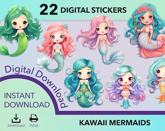 May include: A set of 22 digital stickers showcasing Kawaii mermaids with diverse hair colours and mermaid tails. The stickers are available for instant download and print. The text "Digital Download" and "Instant Download" are also included.