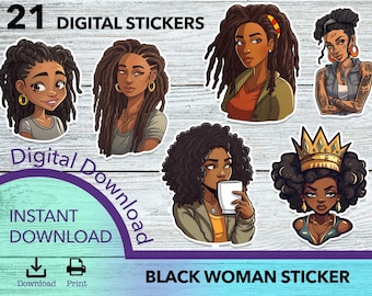 Black Woman PNG sticker, sticker png bundle, printable sticker, black girl clipart, African American png, sticker download, black women png
