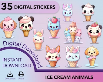 Ice Cream Animal PNG, kawaii stickers, clip art bundle, ice cream clipart, sticker design, sticker png, sticker download, commercial use