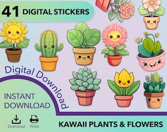 May include: 41 digital stickers featuring cute kawaii plants and flowers with smiling faces. The stickers are perfect for adding a touch of whimsy to planners, journals, laptops, and more.