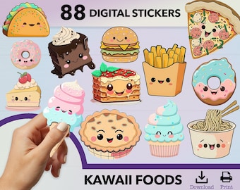 May include: A selection of 88 digital stickers showcasing kawaii food illustrations. The image includes a taco, donut, cake, ice cream, burger, fries, pizza, and more. The text "KAWAII FOODS" is displayed at the bottom.