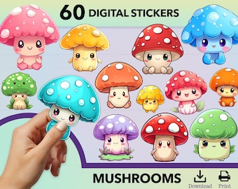 May include: 60 digital stickers featuring cute cartoon mushrooms in various colours, including red, blue, green, purple, and yellow. The mushrooms have smiling faces and some have white spots. The text "60 DIGITAL STICKERS" and "MUSHROOMS" are also included in the image.