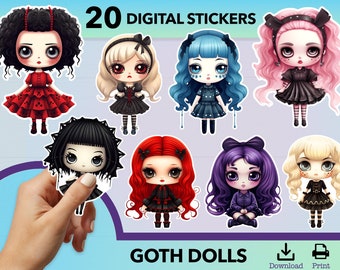 Goth Doll PNG, Goth Girl PNG sticker, sticker bundle, printable sticker, halloween clipart, halloween sticker png, kawaii goth png sticker