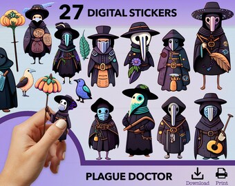 May include: A collection of 27 digital stickers featuring Plague Doctor characters in various poses and outfits. The illustrations are in a cartoon style, with a color palette of black, purple, and white. The text "27 DIGITAL STICKERS" and "PLAGUE DOCTOR" are also visible.