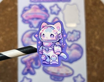 Astronaut Cat Sticker Sheet, Pastel Cat Sticker, Kawaii Moon Art, Cat Bullet Journal Stickers, Pastel Spaceship Sticker