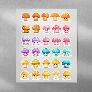 May include: A sheet of colorful mushroom stickers with various colors and designs. The stickers feature cartoon mushrooms with faces and different colored spots.