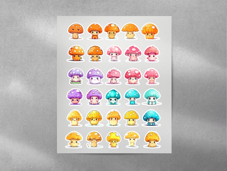 May include: A sheet of colorful mushroom stickers with various colors and designs. The stickers feature cartoon mushrooms with faces and different colored spots.