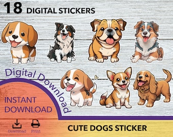 May include: A collection of 18 digital stickers featuring various cartoon dog breeds. The stickers include a beagle, bulldog, chihuahua, and other breeds, all with happy expressions. The text "Cute Dogs Sticker" is displayed.