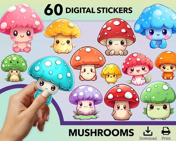 Mushroom PNG, kawaii sticker, sticker png bundle, printable stickers, mushroom clipart, stickers png, sticker download, sticker cricut
