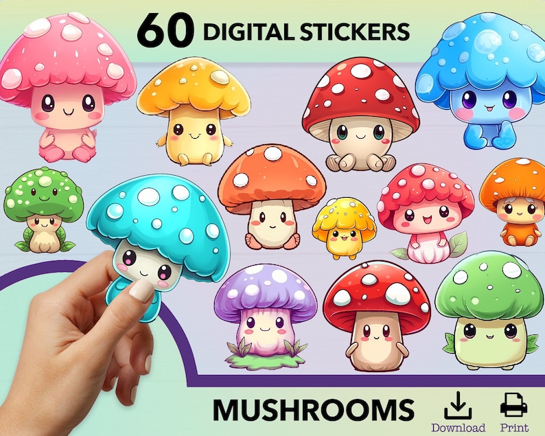 May include: 60 digital stickers featuring cute cartoon mushrooms in various colors, including red, blue, green, purple, and yellow. The mushrooms have smiling faces and some have white spots. The text "60 DIGITAL STICKERS" and "MUSHROOMS" are also included in the image.