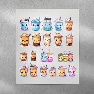 May include: A print showing a variety of cartoon bubble tea drinks with smiling faces. The drinks are in shades of blue, brown, pink, and green, with toppings and straws. The image is set against a white backdrop.