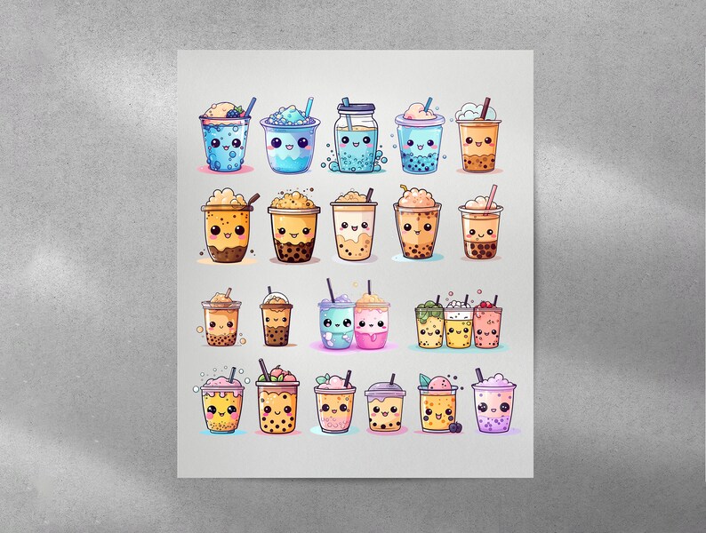 May include: A print showing a variety of cartoon bubble tea drinks with smiling faces. The drinks are in shades of blue, brown, pink, and green, with toppings and straws. The image is set against a white backdrop.