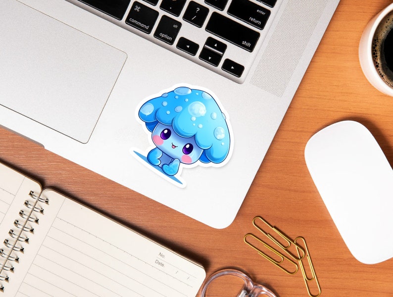 May include: A blue and white cartoon mushroom sticker with a cute face. The mushroom has a white stem and a blue cap with white spots.