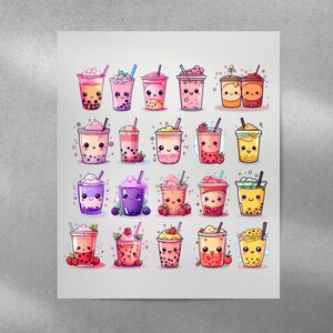 May include: A print showcasing various cartoon bubble tea drinks. Each drink is in a clear cup with a straw and has a unique colour and design, including pink, purple, and yellow. Some drinks have cute faces.