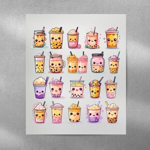 May include: A print showing a variety of cartoon bubble tea drinks in different colours and styles. Each drink has a cute face and is decorated with toppings and straws. The drinks are in clear cups, jars, and glasses.