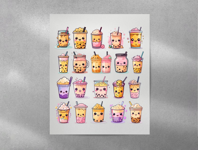 May include: A print showing a variety of cartoon bubble tea drinks in different colours and styles. Each drink has a cute face and is decorated with toppings and straws. The drinks are in clear cups, jars, and glasses.