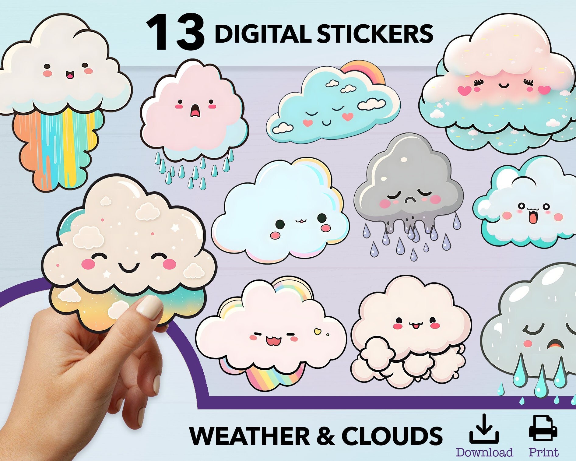 Cloud Weather PNG Kawaii Stickers, Sticker Png Bundle, Printable ...