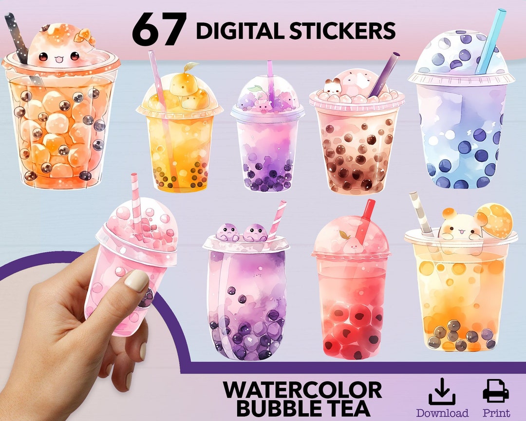 Bubble Tea PNG, Kawaii Sticker, Sticker Png Bundle, Watercolor Sticker ...