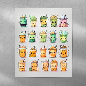May include: A print showing a selection of cartoon bubble tea drinks in different colours, including green, yellow, orange, and pink. Each drink has a smiling face and is in a clear cup with a straw. The background is a light grey.