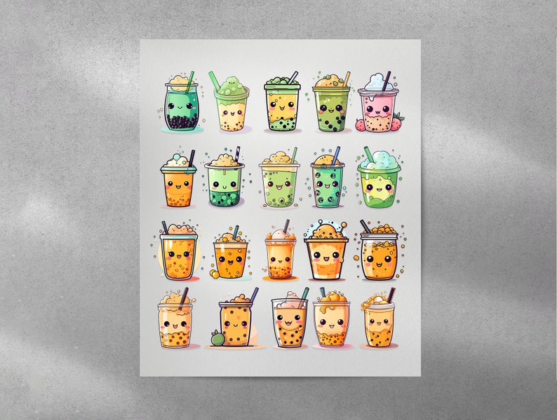 May include: A print showing a selection of cartoon bubble tea drinks in different colours, including green, yellow, orange, and pink. Each drink has a smiling face and is in a clear cup with a straw. The background is a light grey.