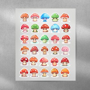 May include: A sheet of colorful mushroom stickers with various designs and colors. The stickers feature cartoon mushrooms with different expressions and details, including spots, stripes, and glitter.