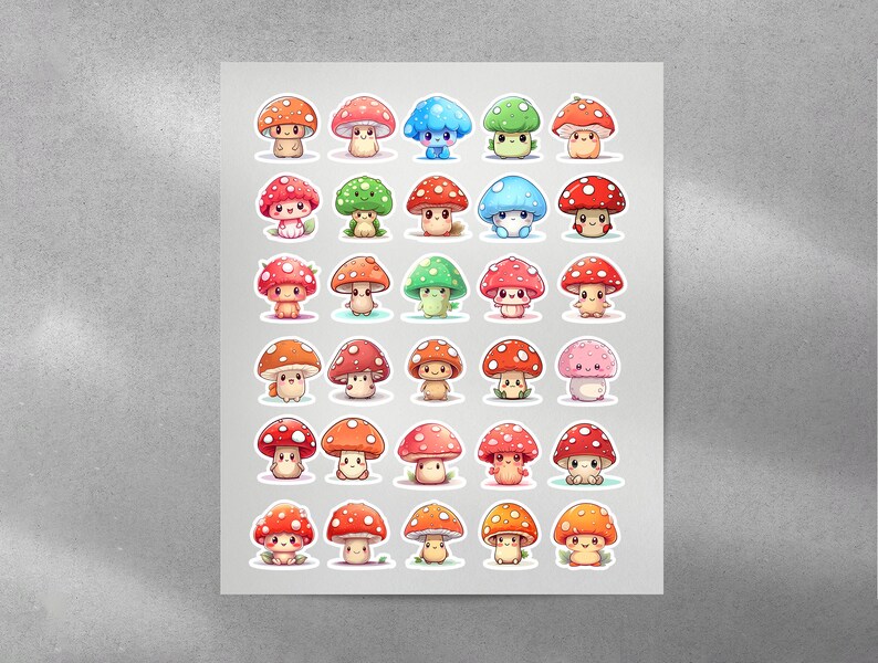May include: A sheet of colorful mushroom stickers with various designs and colors. The stickers feature cartoon mushrooms with different expressions and details, including spots, stripes, and glitter.