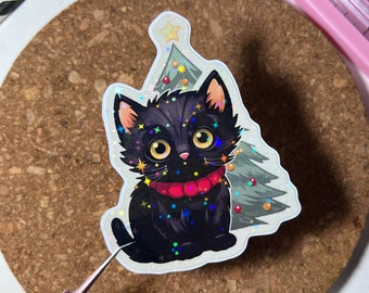 Christmas Cat Sticker, Vinyl Christmas Tree Sticker, Die-Cut Sticker, Black Cat Sticker, Waterproof Sticker, Laptop Sticker, Sparkly Sticker