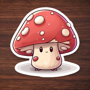 May include: A cartoon illustration of a red and white mushroom with a smiling face and small legs. The mushroom is drawn in a cute, whimsical style.