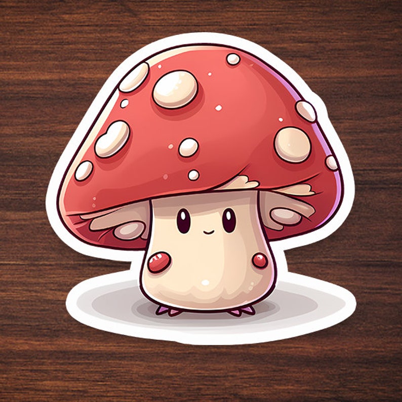 May include: A cartoon illustration of a red and white mushroom with a smiling face and small legs. The mushroom is drawn in a cute, whimsical style.