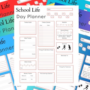 May include: A white School Life Day Planner with red borders and text. The planner includes sections for daily goals, classes, meal tracking, water intake, and a money tracker. It also has a quote and mood section, exercise, and reminder areas.