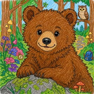 May include: A coloured pencil drawing of a brown bear cub resting its paws on a mossy rock in a forest. The scene includes a small owl perched on a tree branch, a blue backpack, a gold pocket watch, colourful wildflowers, and orange mushrooms.