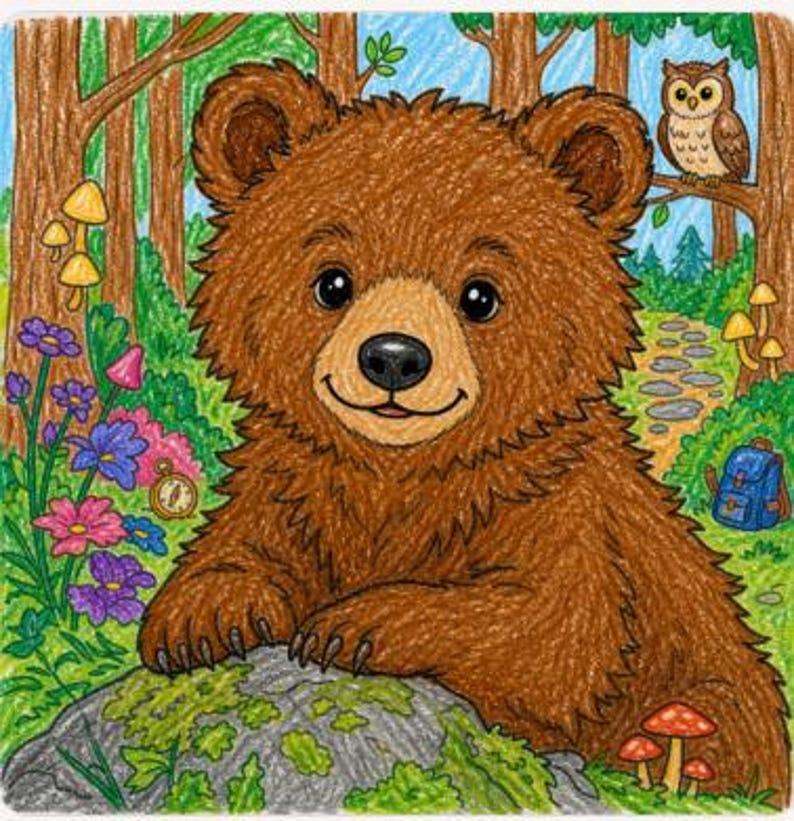 May include: A coloured pencil drawing of a brown bear cub resting its paws on a mossy rock in a forest. The scene includes a small owl perched on a tree branch, a blue backpack, a gold pocket watch, colourful wildflowers, and orange mushrooms.