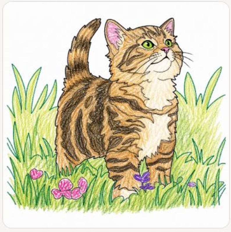 May include: A coloured pencil drawing of a brown tabby kitten with dark stripes, a white chest, and green eyes standing in a patch of green grass with small pink and purple flowers. The kitten has its tail held upright and is looking upwards.