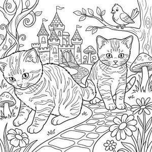May include: A black and white colouring page illustration featuring two tabby kittens on a stone path. In the background, a castle with towers and a drawbridge stands among trees, mushrooms, and flowers, with a small bird perched on a branch.