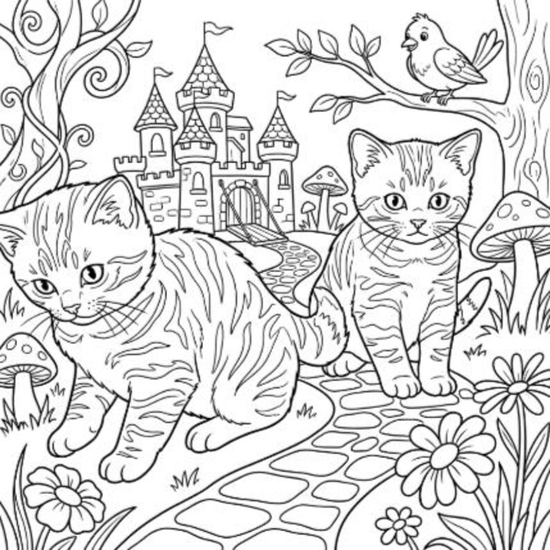 May include: A black and white colouring page illustration featuring two tabby kittens on a stone path. In the background, a castle with towers and a drawbridge stands among trees, mushrooms, and flowers, with a small bird perched on a branch.